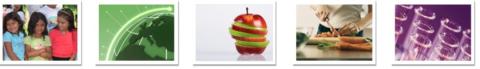 Five small images including an apple, a person cutting food with a knife, and test tubes.